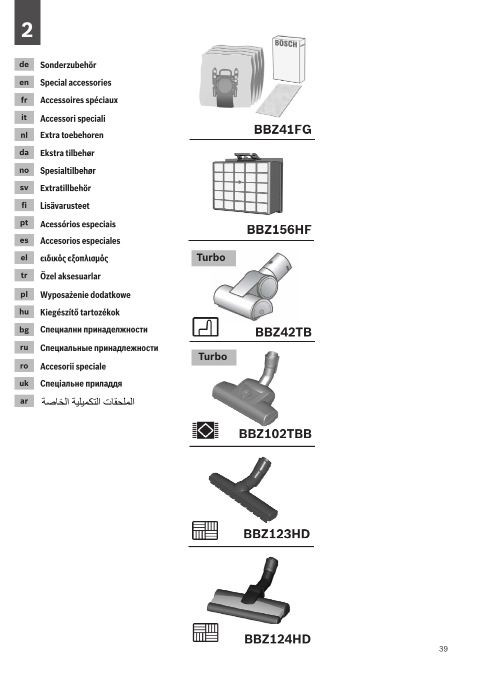 Bbz124hd | Bosch GL-30 Bodenstaubsauger mit Staubbeutel BGL32200 nordkapblau-metallic User Manual | Page 39 / 45