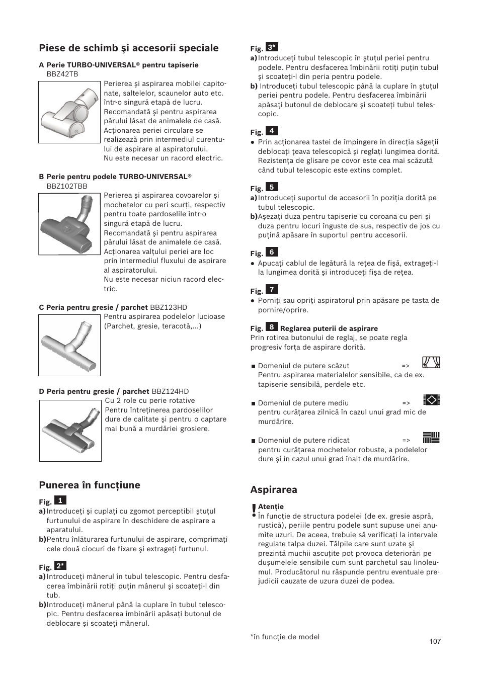 Piese de schimb şi accesorii speciale, Punerea în funcţiune, Aspirarea | Bosch Relaxxx ProSilence66 Beutelloser Bodenstaubsauger BGS5SIL66A schwarz User Manual | Page 108 / 142