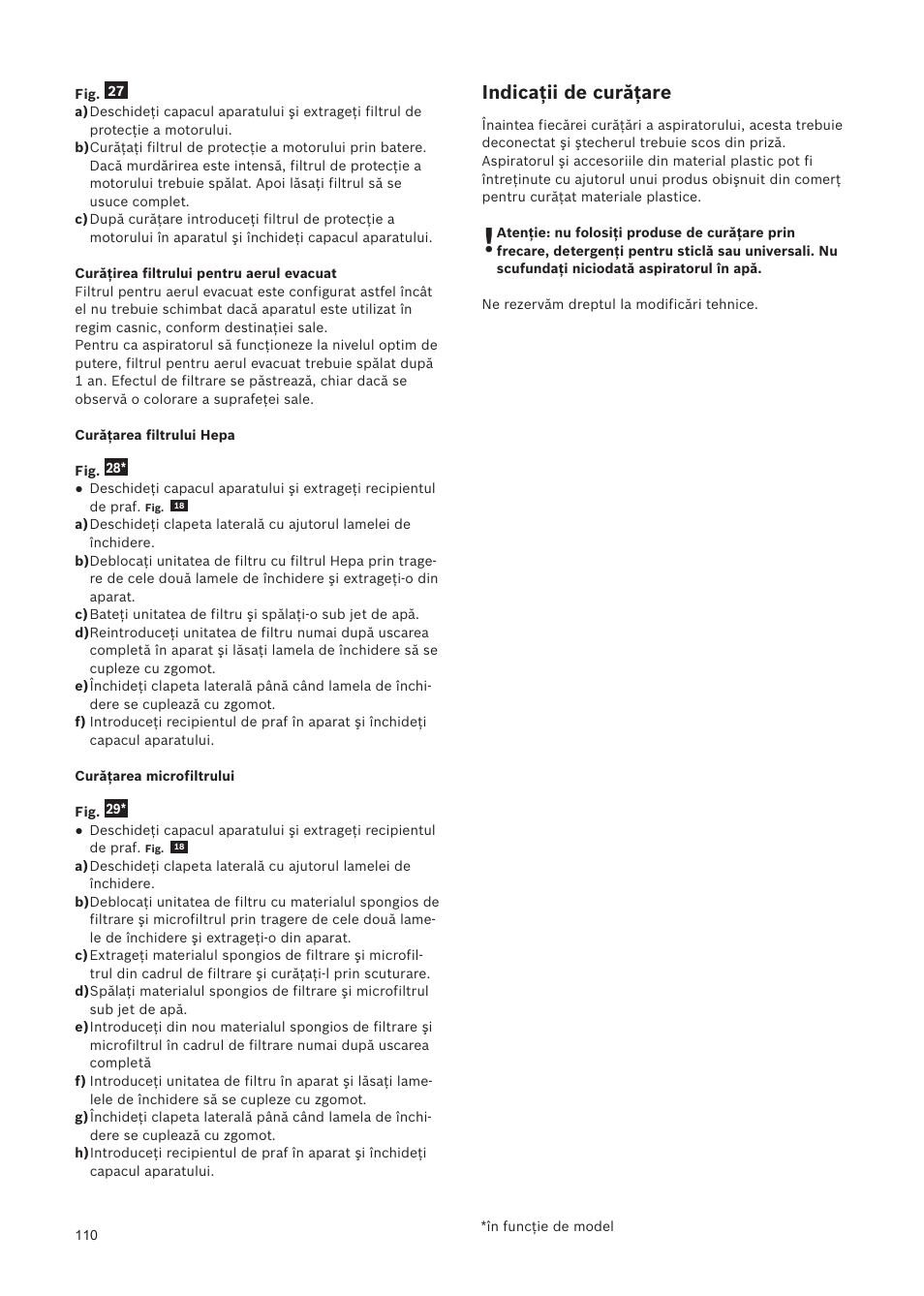 Indicaţii de curăţare | Bosch Relaxxx ProSilence66 Beutelloser Bodenstaubsauger BGS5SIL66A schwarz User Manual | Page 111 / 142