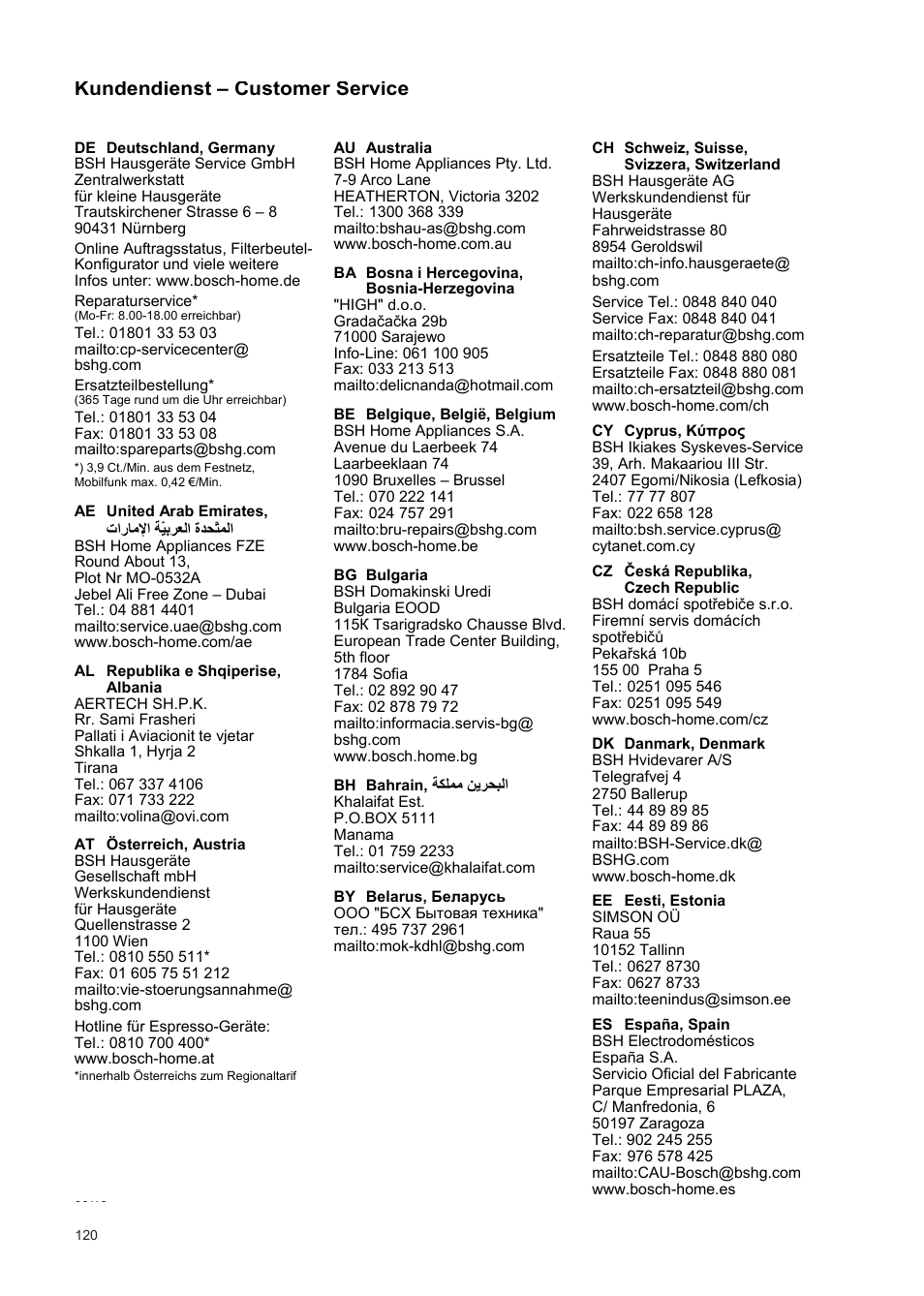Kundendienst – customer service | Bosch Relaxxx ProSilence66 Beutelloser Bodenstaubsauger BGS5SIL66A schwarz User Manual | Page 121 / 142