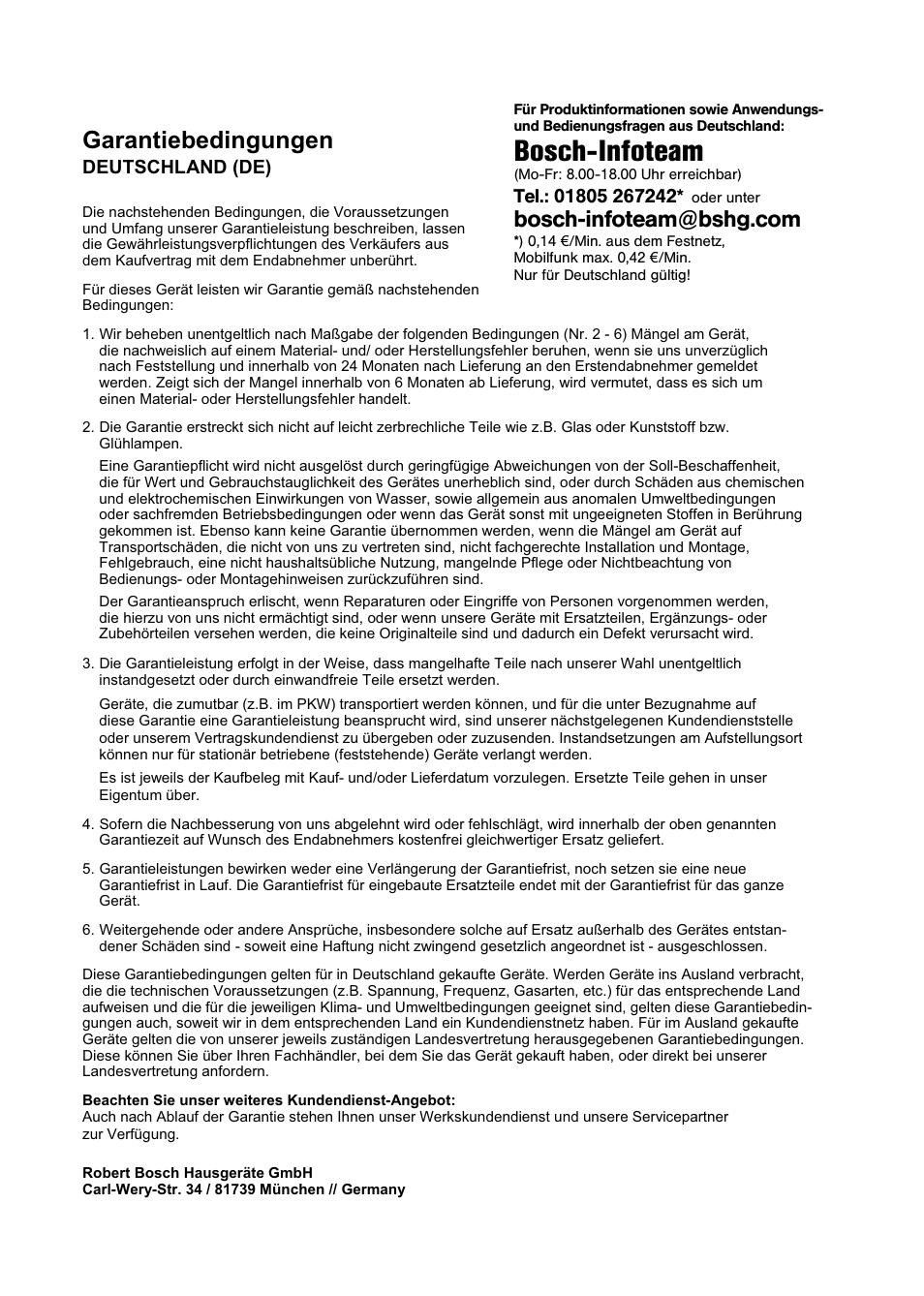 Bosch-infoteam, Garantiebedingungen | Bosch Relaxxx ProSilence66 Beutelloser Bodenstaubsauger BGS5SIL66A schwarz User Manual | Page 134 / 142