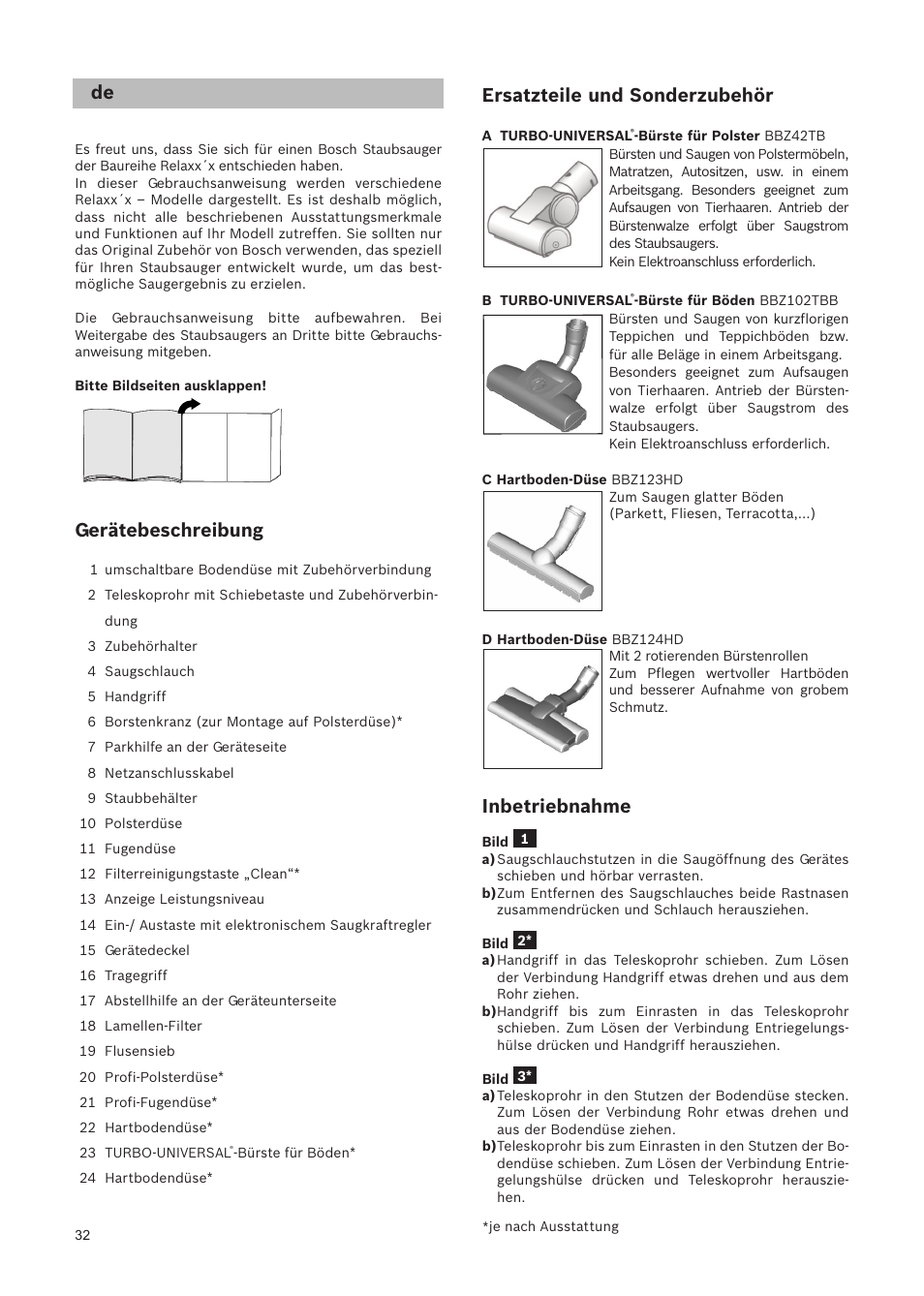Gerätebeschreibung, Ersatzteile und sonderzubehör, Inbetriebnahme | Bosch Relaxxx ProSilence66 Beutelloser Bodenstaubsauger BGS5SIL66A schwarz User Manual | Page 33 / 142