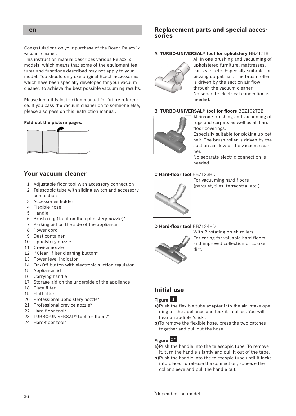 Your vacuum cleaner, Replacement parts and special acces- sories, Initial use | Bosch Relaxxx ProSilence66 Beutelloser Bodenstaubsauger BGS5SIL66A schwarz User Manual | Page 37 / 142