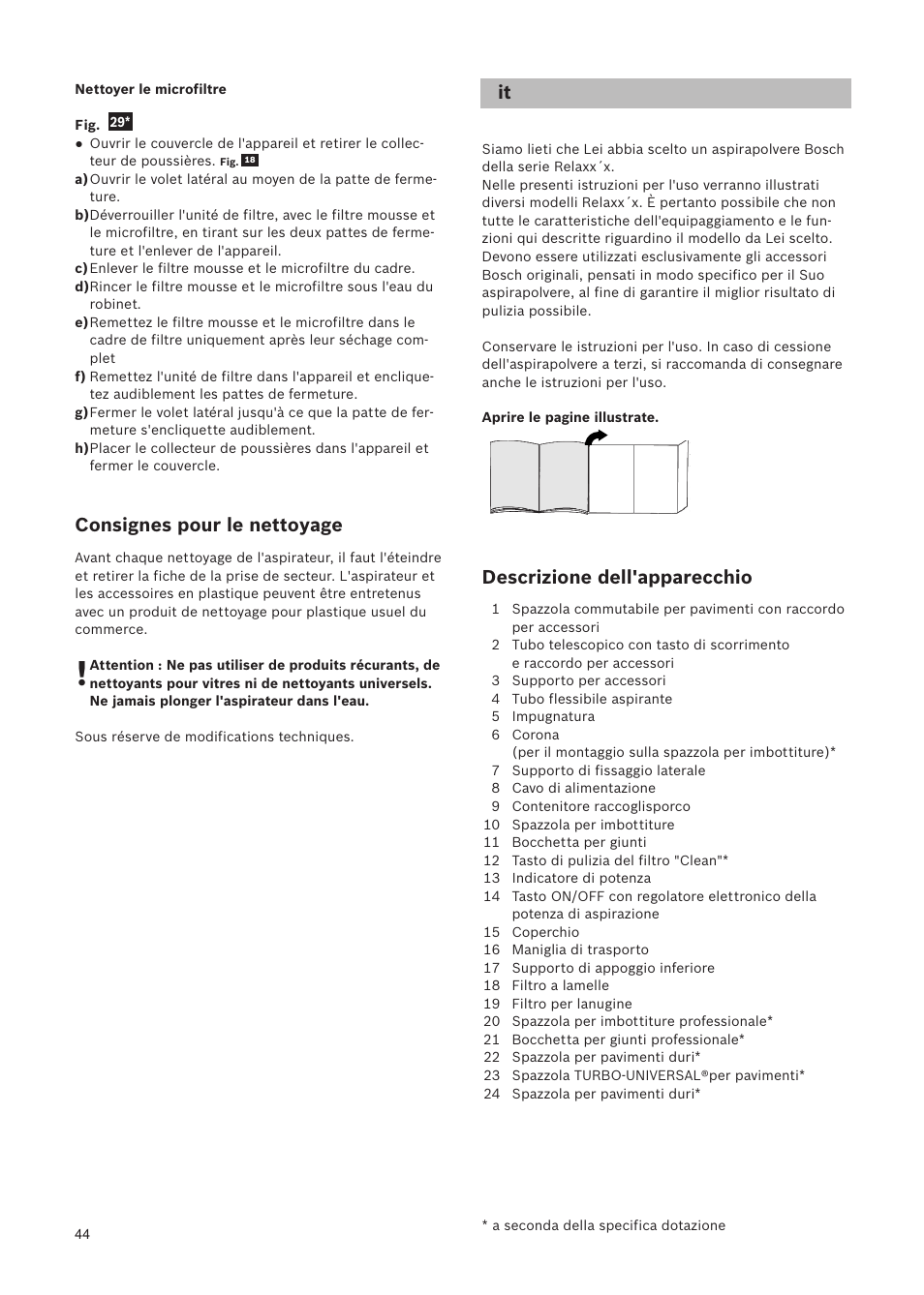 Descrizione dell'apparecchio, Consignes pour le nettoyage | Bosch Relaxxx ProSilence66 Beutelloser Bodenstaubsauger BGS5SIL66A schwarz User Manual | Page 45 / 142
