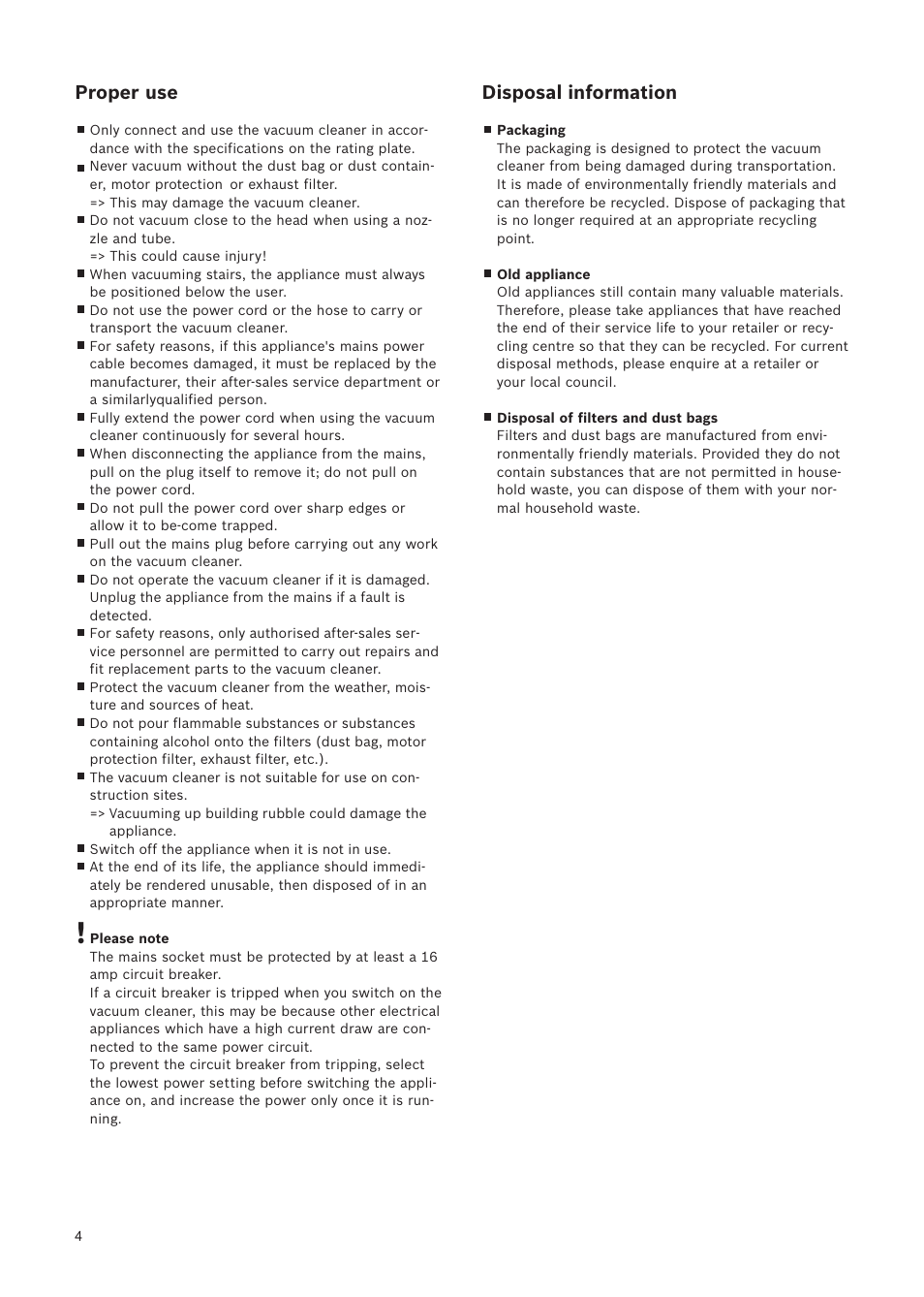Proper use, Disposal information | Bosch Relaxxx ProSilence66 Beutelloser Bodenstaubsauger BGS5SIL66A schwarz User Manual | Page 5 / 142