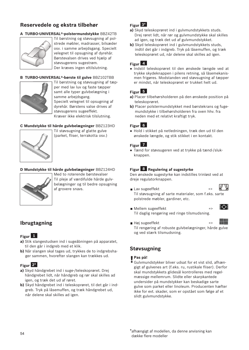 Reservedele og ekstra tilbehør, Ibrugtagning, Støvsugning | Bosch Relaxxx ProSilence66 Beutelloser Bodenstaubsauger BGS5SIL66A schwarz User Manual | Page 55 / 142