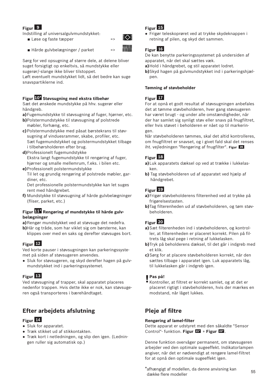 Efter arbejdets afslutning, Pleje af ﬁltre | Bosch Relaxxx ProSilence66 Beutelloser Bodenstaubsauger BGS5SIL66A schwarz User Manual | Page 56 / 142