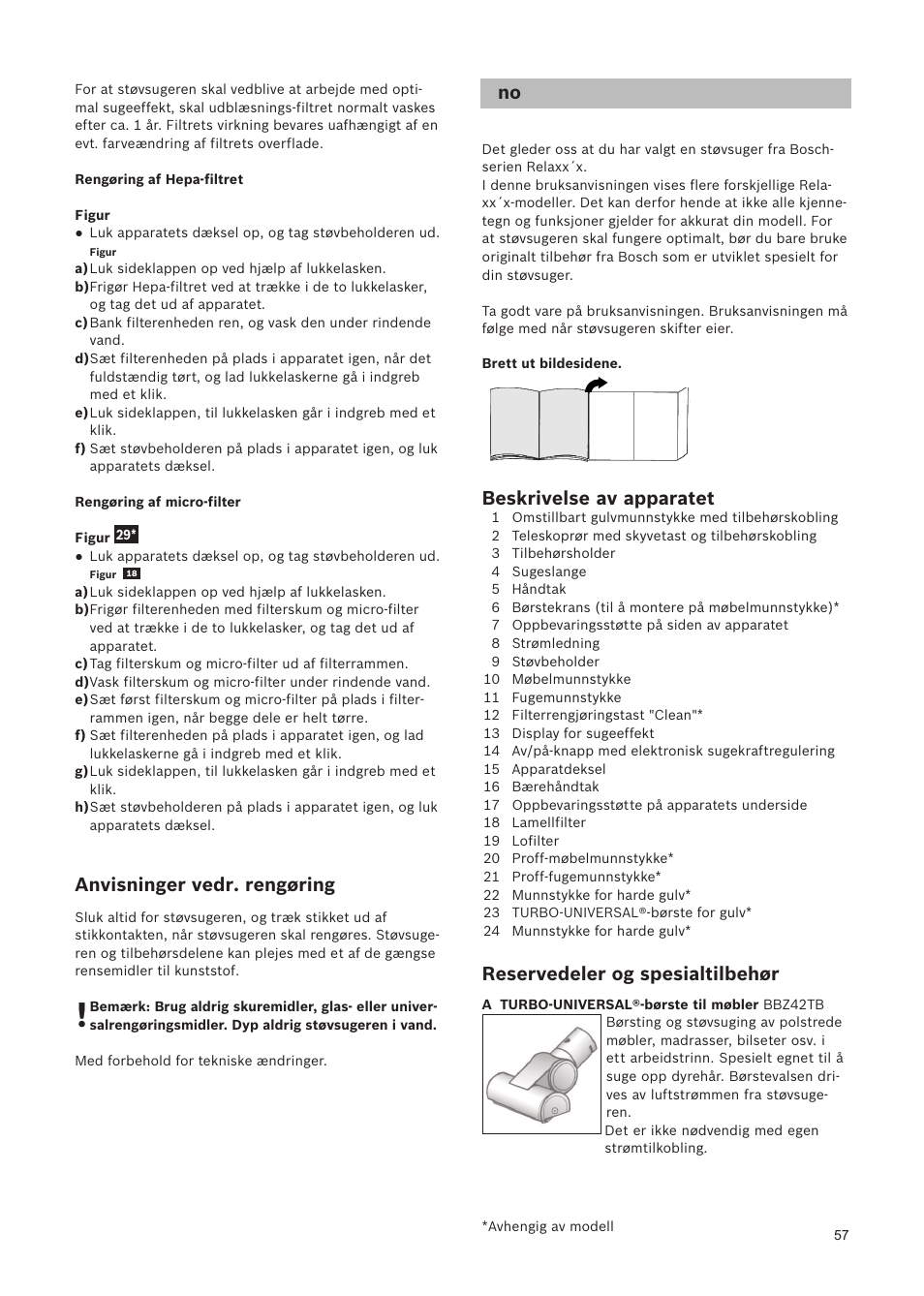 Anvisninger vedr. rengøring, Beskrivelse av apparatet, Reservedeler og spesialtilbehør | Bosch Relaxxx ProSilence66 Beutelloser Bodenstaubsauger BGS5SIL66A schwarz User Manual | Page 58 / 142