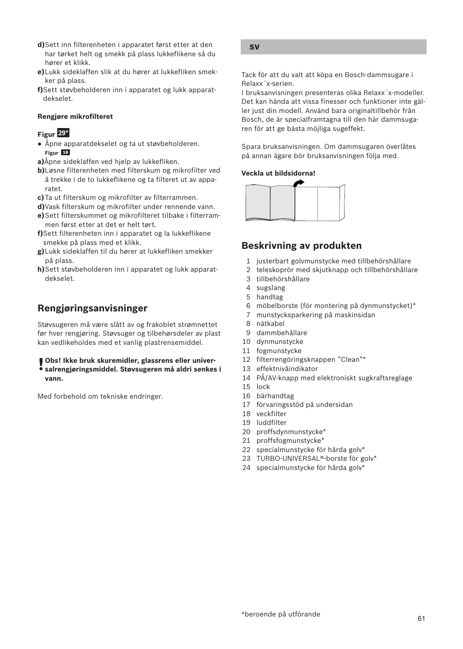 Rengjøringsanvisninger, Beskrivning av produkten | Bosch Relaxxx ProSilence66 Beutelloser Bodenstaubsauger BGS5SIL66A schwarz User Manual | Page 62 / 142