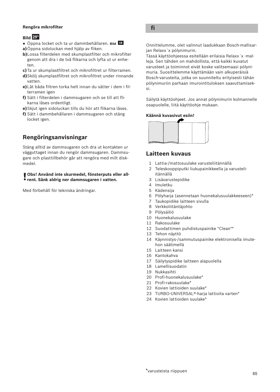Rengöringsanvisningar, Laitteen kuvaus | Bosch Relaxxx ProSilence66 Beutelloser Bodenstaubsauger BGS5SIL66A schwarz User Manual | Page 66 / 142