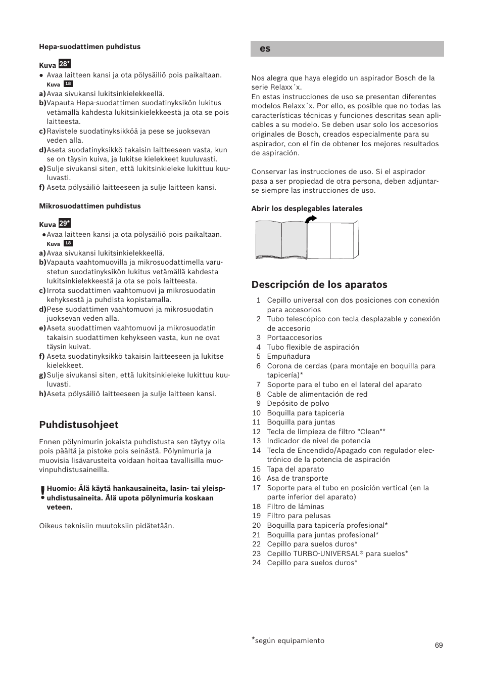 Puhdistusohjeet, Descripción de los aparatos | Bosch Relaxxx ProSilence66 Beutelloser Bodenstaubsauger BGS5SIL66A schwarz User Manual | Page 70 / 142