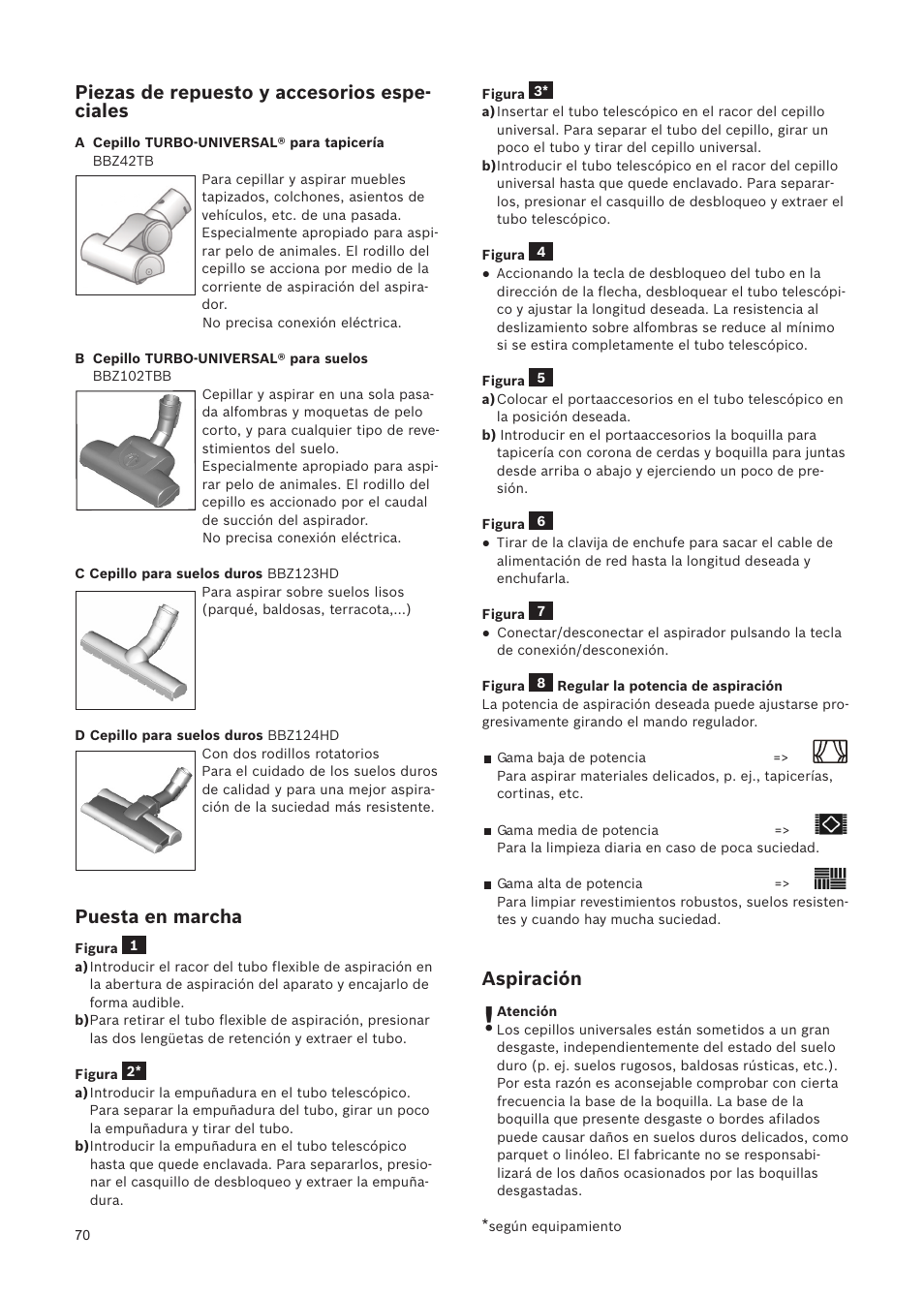 Piezas de repuesto y accesorios espe- ciales, Puesta en marcha, Aspiración | Bosch Relaxxx ProSilence66 Beutelloser Bodenstaubsauger BGS5SIL66A schwarz User Manual | Page 71 / 142