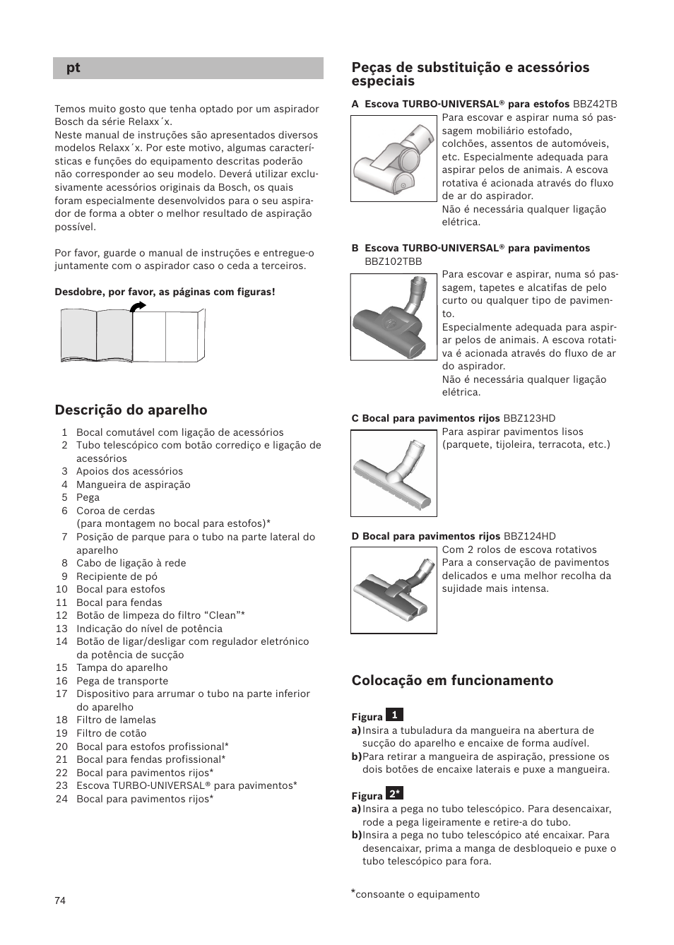 Peças de substituição e acessórios especiais, Colocação em funcionamento, Descrição do aparelho | Bosch Relaxxx ProSilence66 Beutelloser Bodenstaubsauger BGS5SIL66A schwarz User Manual | Page 75 / 142