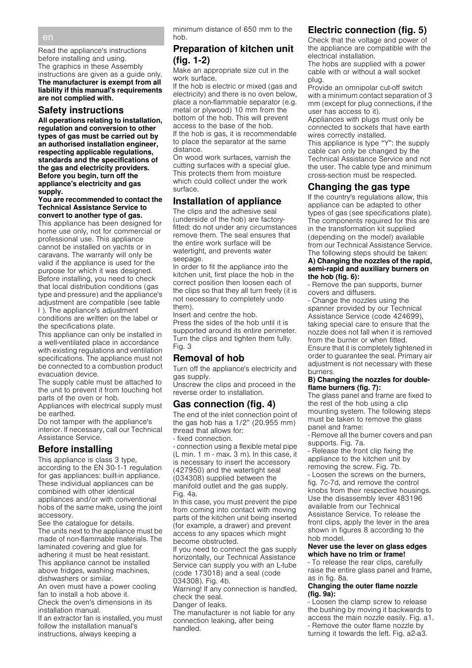Safety instructions, Before installing, Preparation of kitchen unit (fig. 1-2) | Installation of appliance, Removal of hob, Gas connection (fig. 4), Electric connection (fig. 5), Changing the gas type | Bosch PRB326B70E Gas-Kochstelle Glaskeramik 30 cm User Manual | Page 6 / 20