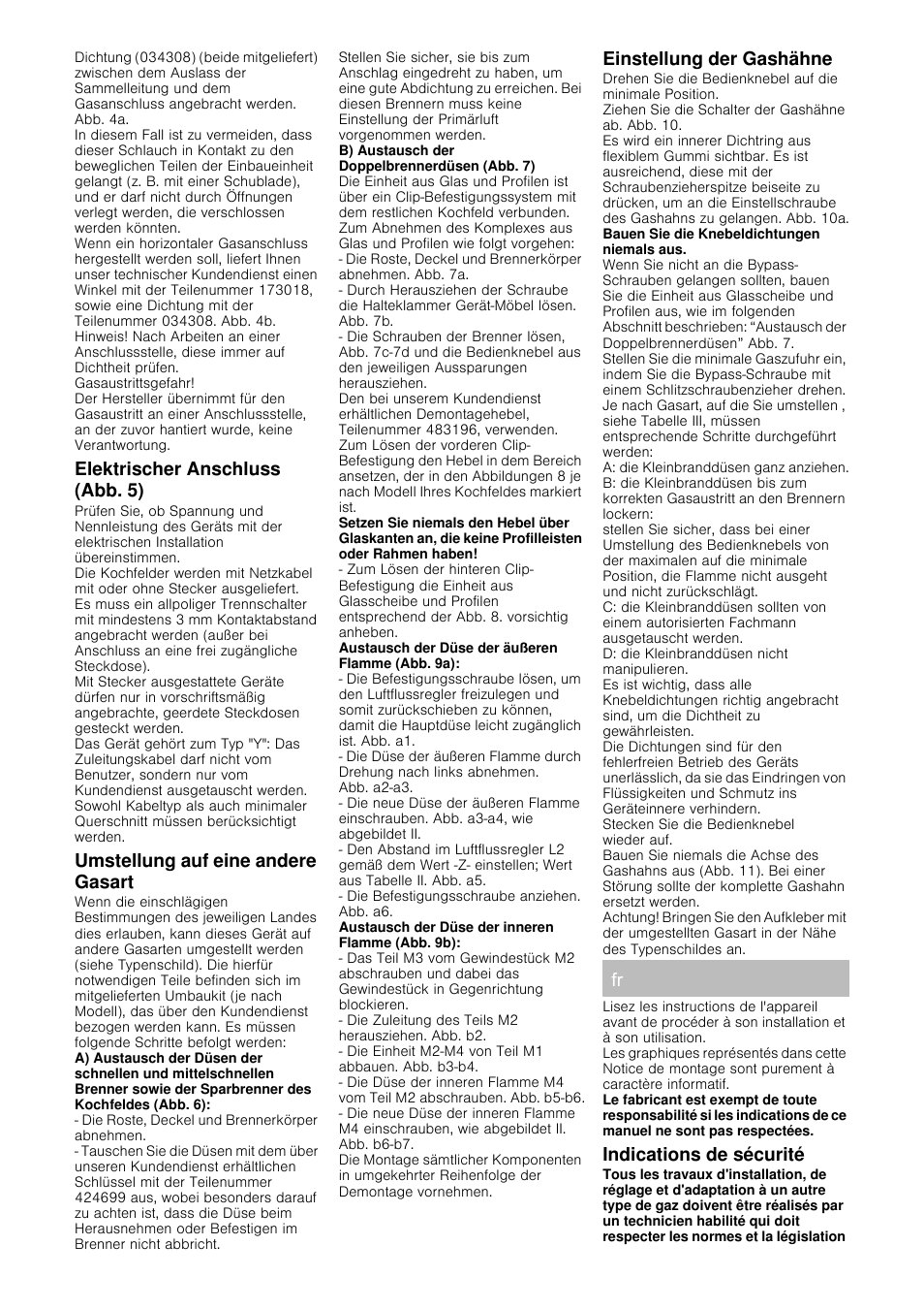 Elektrischer anschluss (abb. 5), Umstellung auf eine andere gasart, Einstellung der gashähne | Indications de sécurité | Bosch PRB326B70E Gas-Kochstelle Glaskeramik 30 cm User Manual | Page 8 / 20