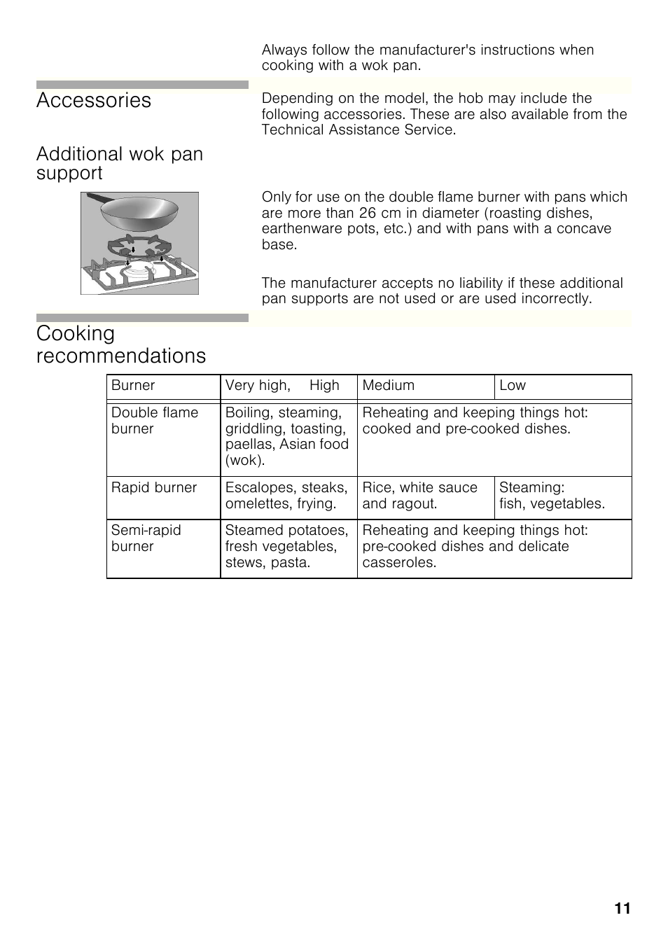 Additional wok pan support, Accessories, Cooking recommendations | Bosch PRB326B70E Gas-Kochstelle Glaskeramik 30 cm User Manual | Page 10 / 98