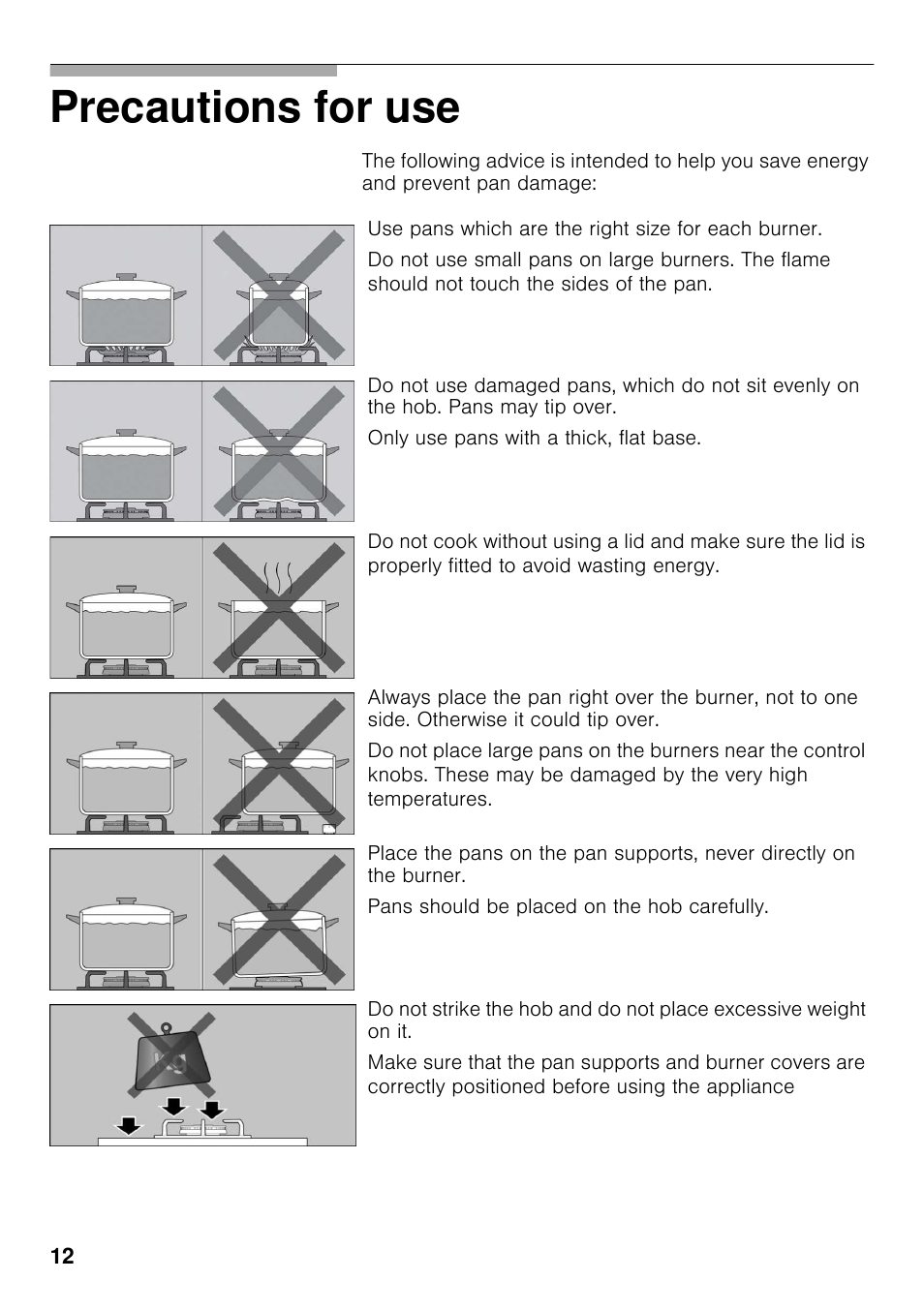 Precautions for use | Bosch PRB326B70E Gas-Kochstelle Glaskeramik 30 cm User Manual | Page 11 / 98