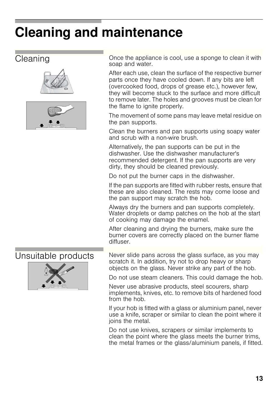 Cleaning and maintenance, Cleaning, Unsuitable products | Bosch PRB326B70E Gas-Kochstelle Glaskeramik 30 cm User Manual | Page 12 / 98