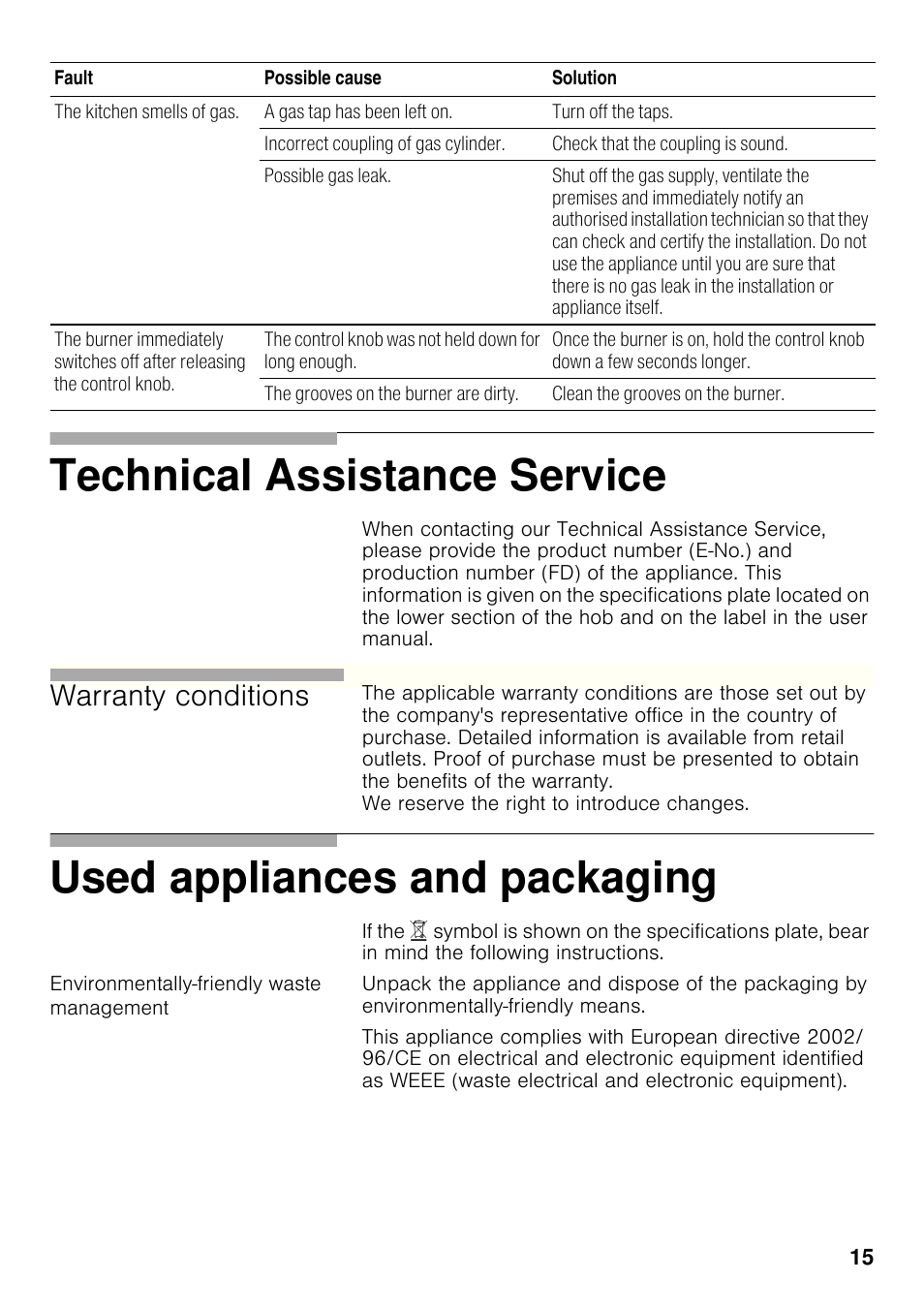 Environmentally-friendly waste management, Technical assistance service, Used appliances and packaging | Warranty conditions | Bosch PRB326B70E Gas-Kochstelle Glaskeramik 30 cm User Manual | Page 14 / 98