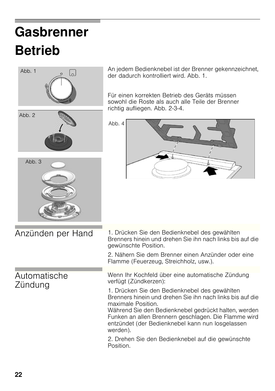 Betrieb, Gasbrenner betrieb, Anzünden per hand | Automatische zündung | Bosch PRB326B70E Gas-Kochstelle Glaskeramik 30 cm User Manual | Page 21 / 98