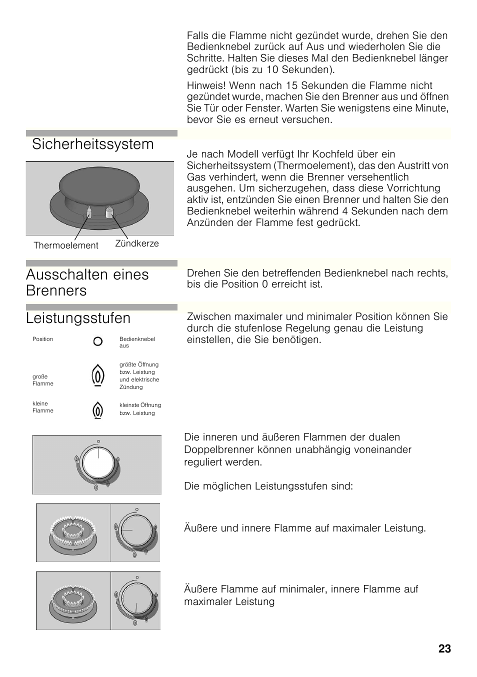 Sicherheitssystem, Ausschalten eines brenners, Leistungsstufen | Bosch PRB326B70E Gas-Kochstelle Glaskeramik 30 cm User Manual | Page 22 / 98