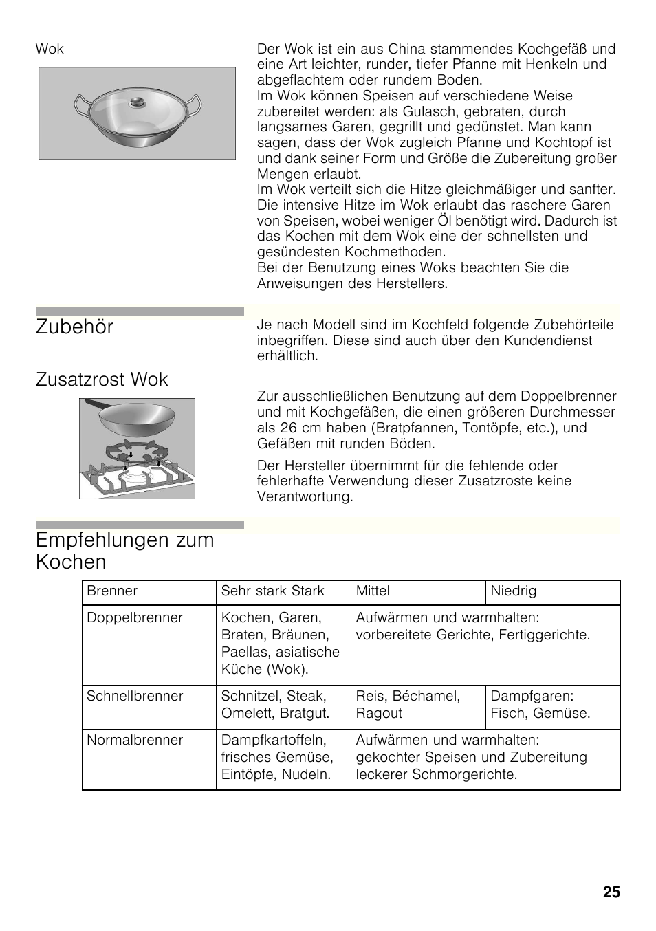 Zusatzrost wok, Zubehör, Empfehlungen zum kochen | Bosch PRB326B70E Gas-Kochstelle Glaskeramik 30 cm User Manual | Page 24 / 98