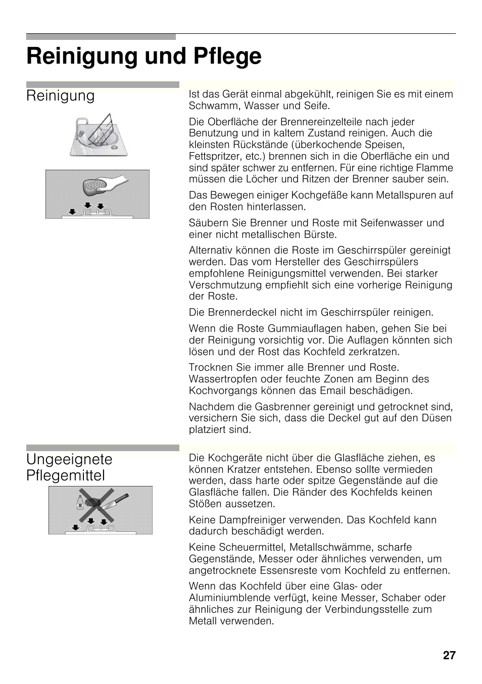Reinigung und pflege, Reinigung, Ungeeignete pflegemittel | Bosch PRB326B70E Gas-Kochstelle Glaskeramik 30 cm User Manual | Page 26 / 98