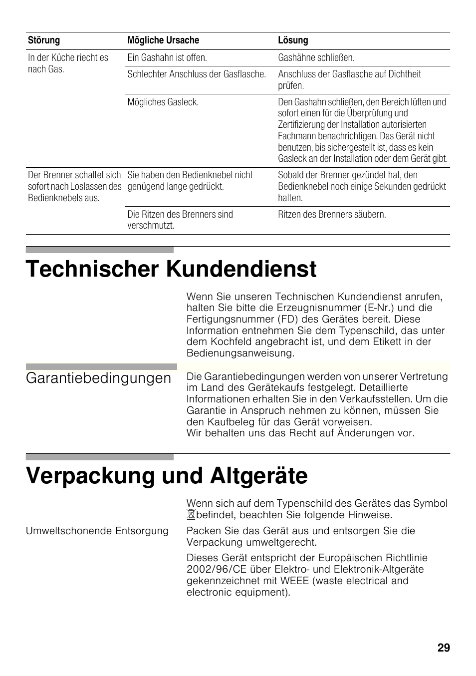 Umweltschonende entsorgung, Technischer kundendienst, Verpackung und altgeräte | Garantiebedingungen | Bosch PRB326B70E Gas-Kochstelle Glaskeramik 30 cm User Manual | Page 28 / 98