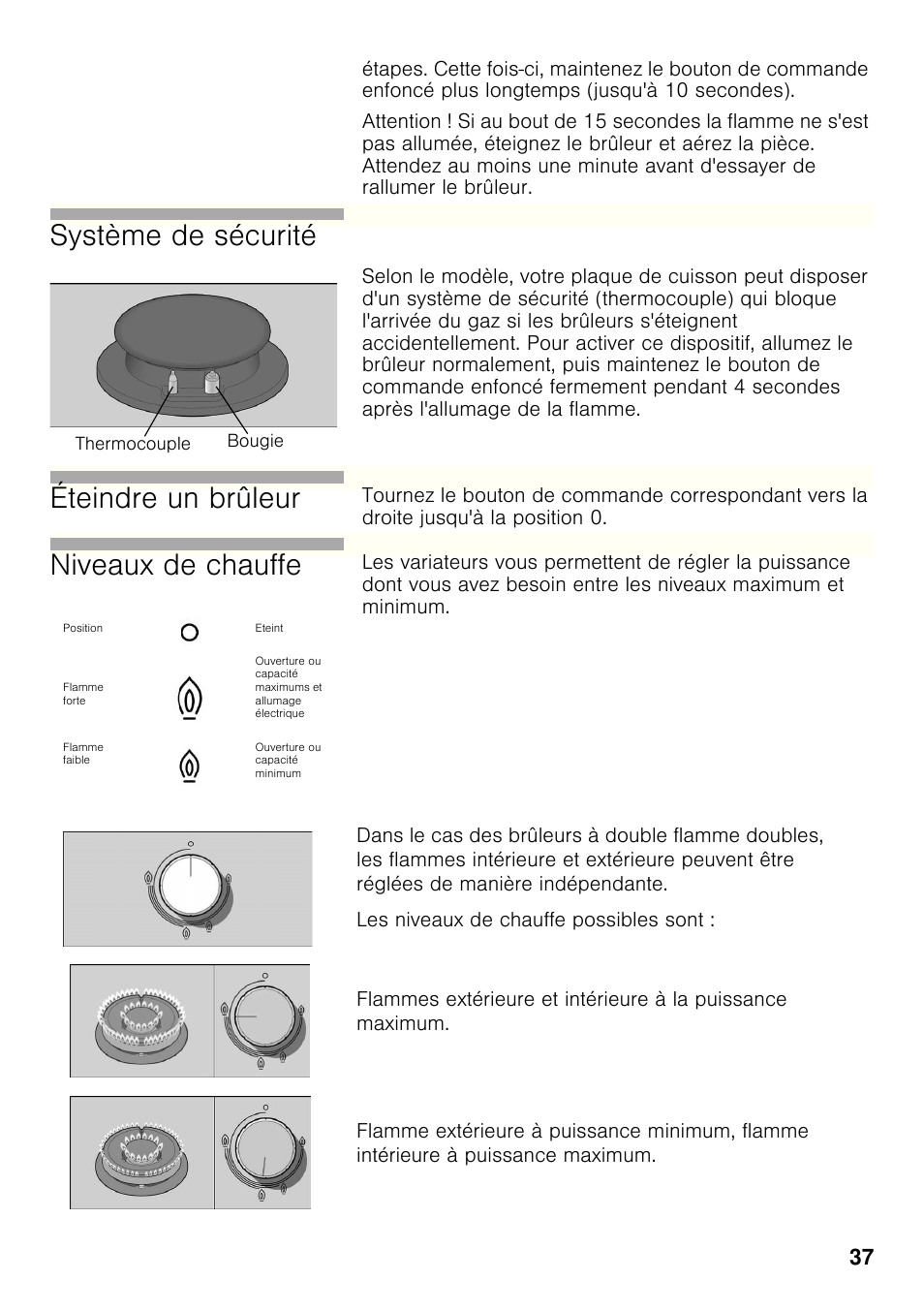 Système de sécurité, Éteindre un brûleur, Niveaux de chauffe | Bosch PRB326B70E Gas-Kochstelle Glaskeramik 30 cm User Manual | Page 36 / 98