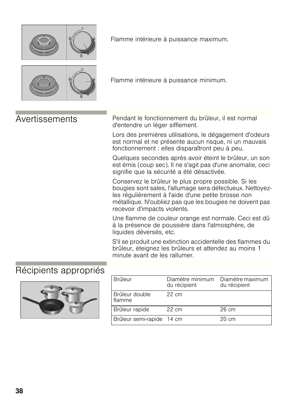 Avertissements, Récipients appropriés | Bosch PRB326B70E Gas-Kochstelle Glaskeramik 30 cm User Manual | Page 37 / 98