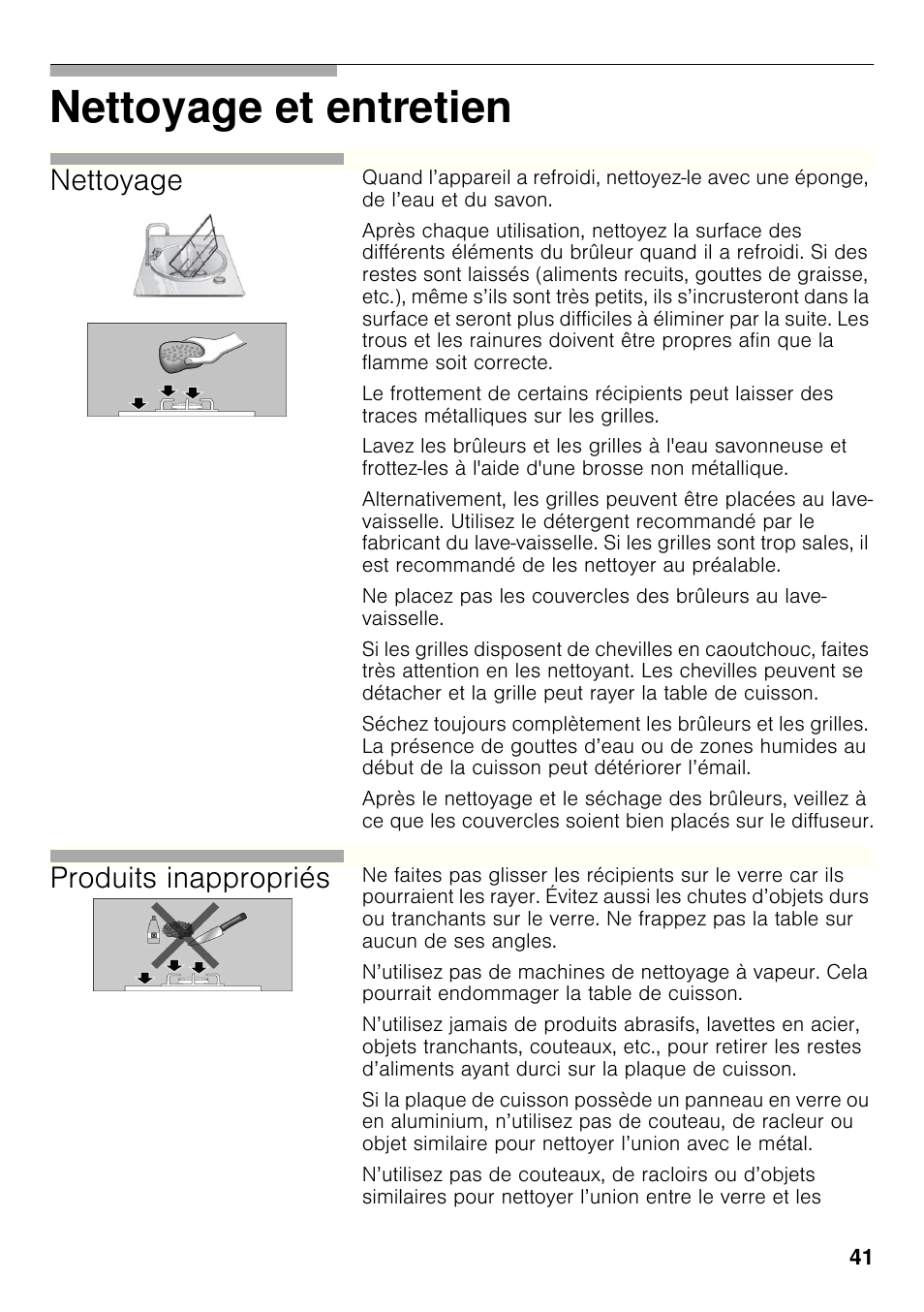 Nettoyage et entretien, Nettoyage, Produits inappropriés | Bosch PRB326B70E Gas-Kochstelle Glaskeramik 30 cm User Manual | Page 40 / 98