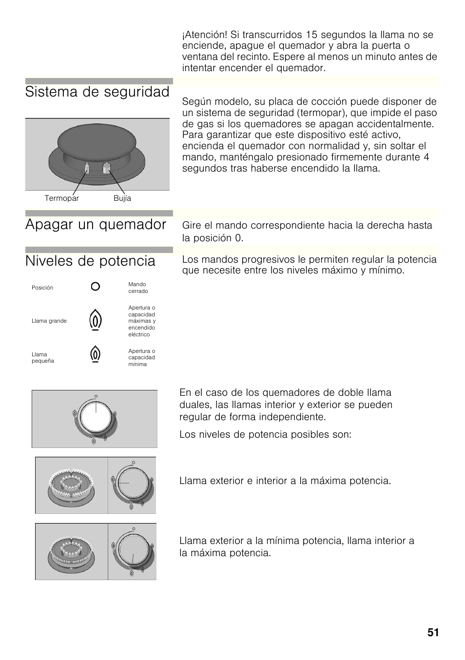 Sistema de seguridad, Apagar un quemador, Niveles de potencia | Bosch PRB326B70E Gas-Kochstelle Glaskeramik 30 cm User Manual | Page 50 / 98
