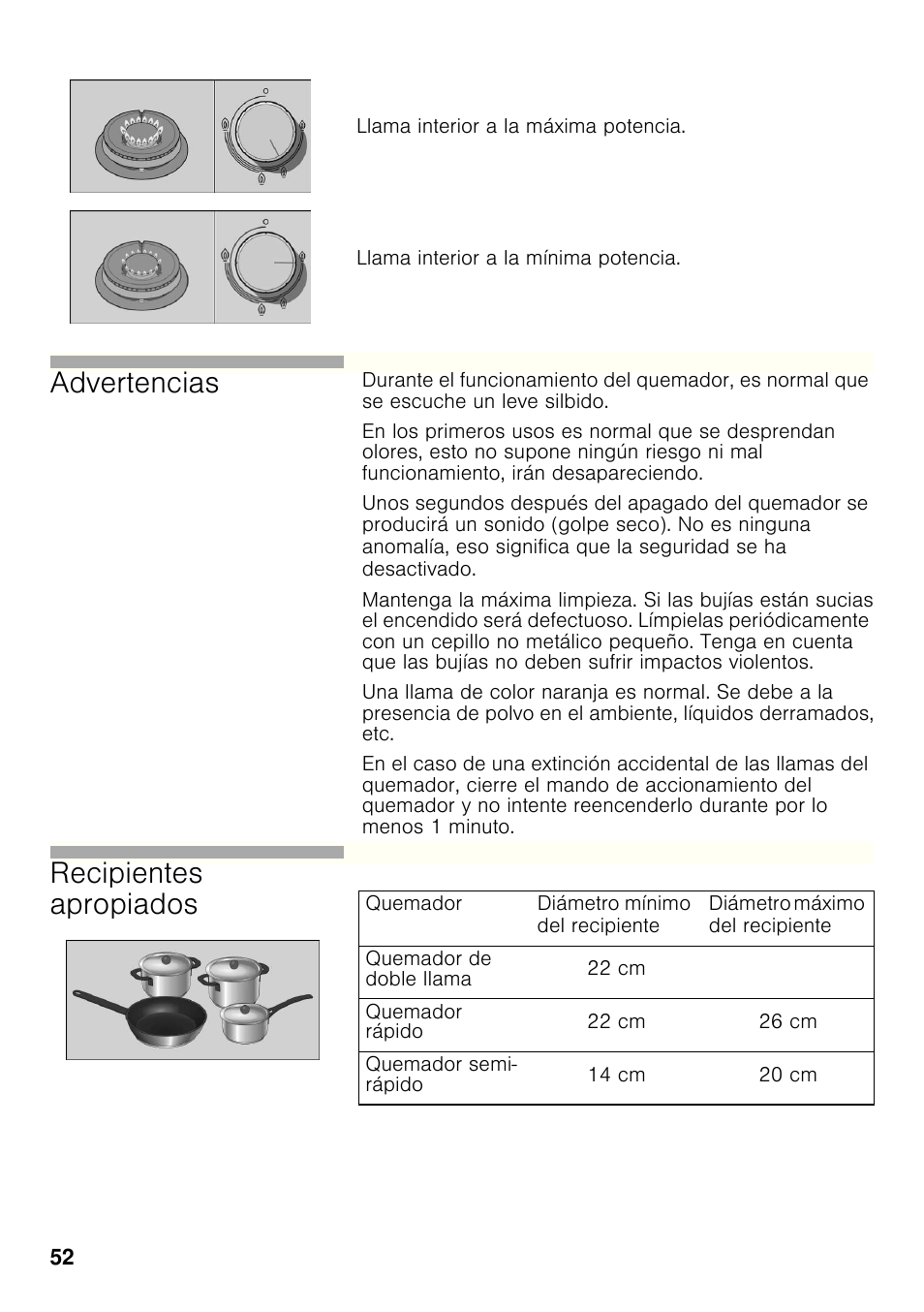 Advertencias, Recipientes apropiados | Bosch PRB326B70E Gas-Kochstelle Glaskeramik 30 cm User Manual | Page 51 / 98