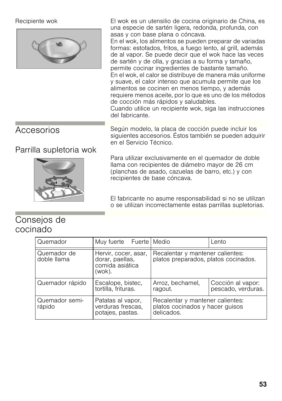 Recipiente wok, Parrilla supletoria wok, Accesorios | Consejos de cocinado | Bosch PRB326B70E Gas-Kochstelle Glaskeramik 30 cm User Manual | Page 52 / 98