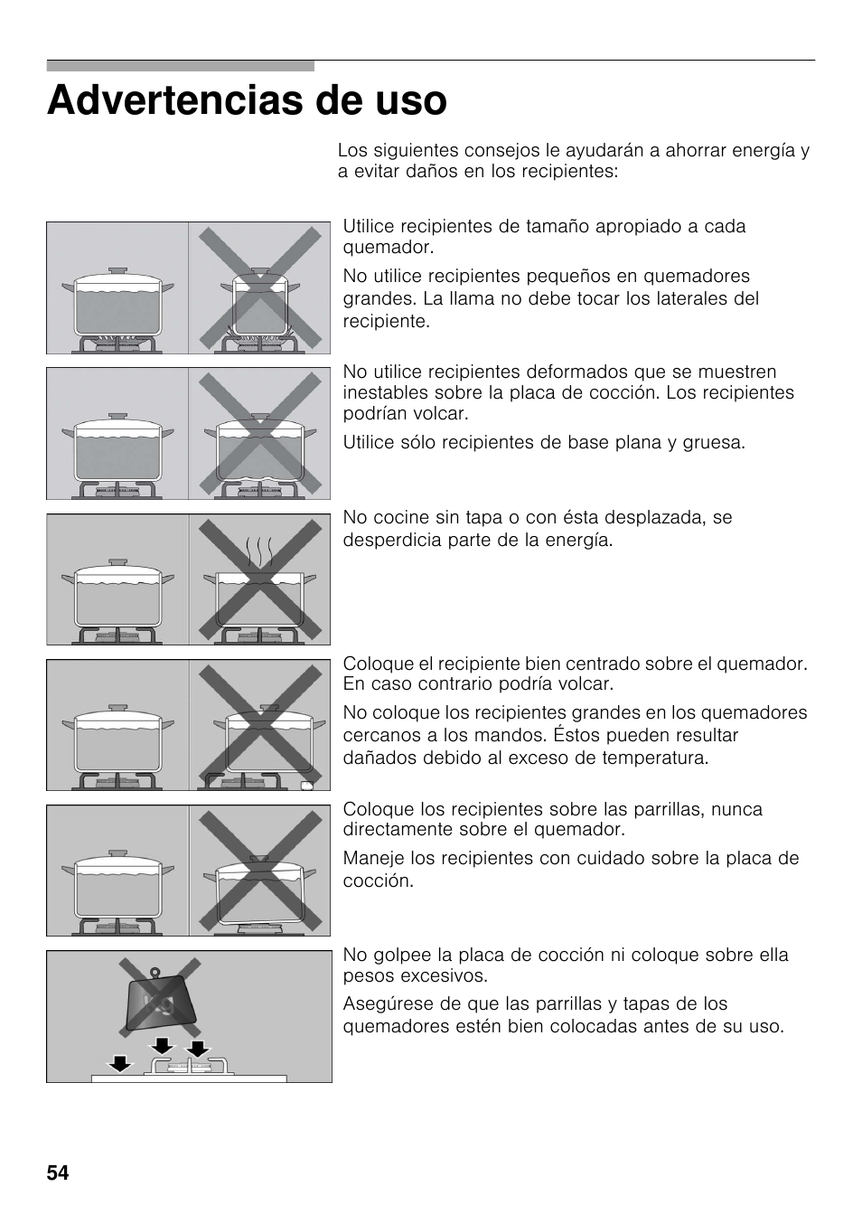 Advertencias de uso | Bosch PRB326B70E Gas-Kochstelle Glaskeramik 30 cm User Manual | Page 53 / 98