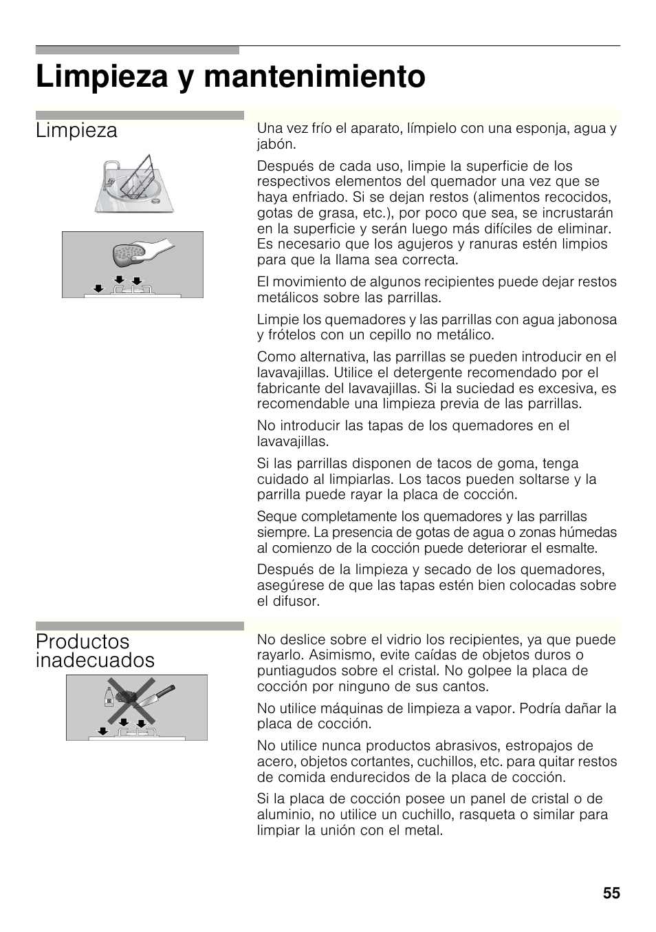 Limpieza y mantenimiento, Limpieza, Productos inadecuados | Bosch PRB326B70E Gas-Kochstelle Glaskeramik 30 cm User Manual | Page 54 / 98