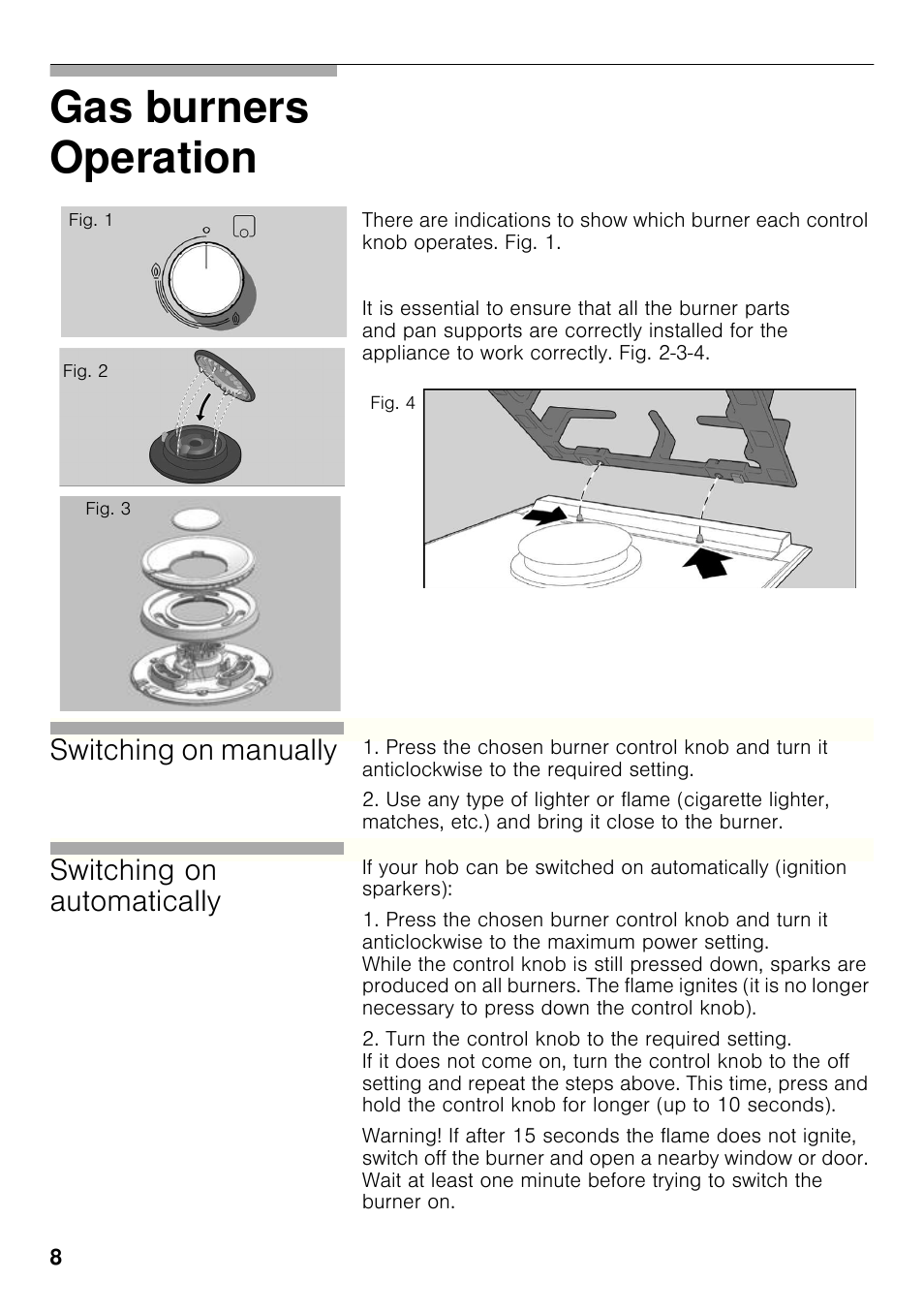 Operation, Gas burners operation, Switching on manually | Switching on automatically | Bosch PRB326B70E Gas-Kochstelle Glaskeramik 30 cm User Manual | Page 7 / 98