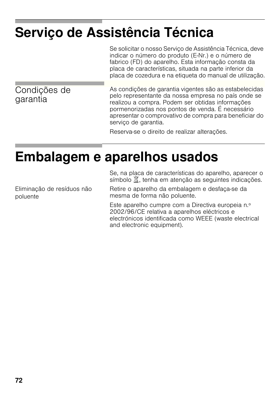 Eliminação de resíduos não poluente, Serviço de assistência técnica, Embalagem e aparelhos usados | Condições de garantia | Bosch PRB326B70E Gas-Kochstelle Glaskeramik 30 cm User Manual | Page 71 / 98