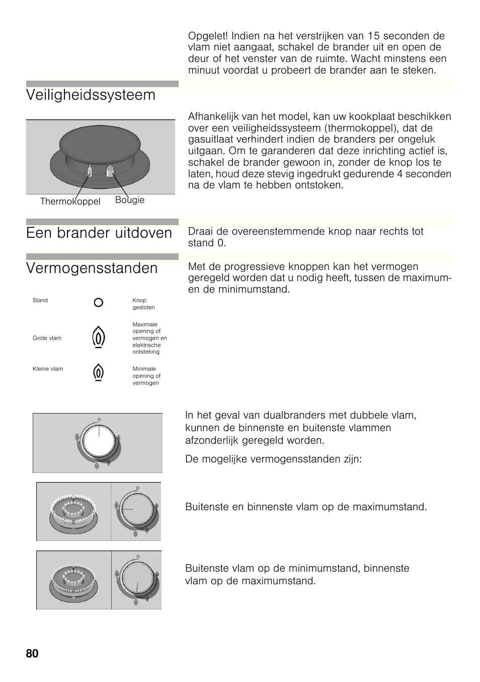 Veiligheidssysteem, Een brander uitdoven, Vermogensstanden | Bosch PRB326B70E Gas-Kochstelle Glaskeramik 30 cm User Manual | Page 79 / 98