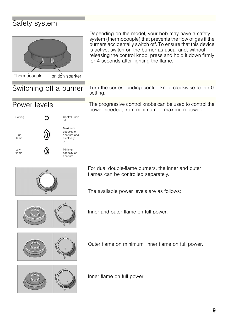 Safety system, Switching off a burner, Power levels | Bosch PRB326B70E Gas-Kochstelle Glaskeramik 30 cm User Manual | Page 8 / 98