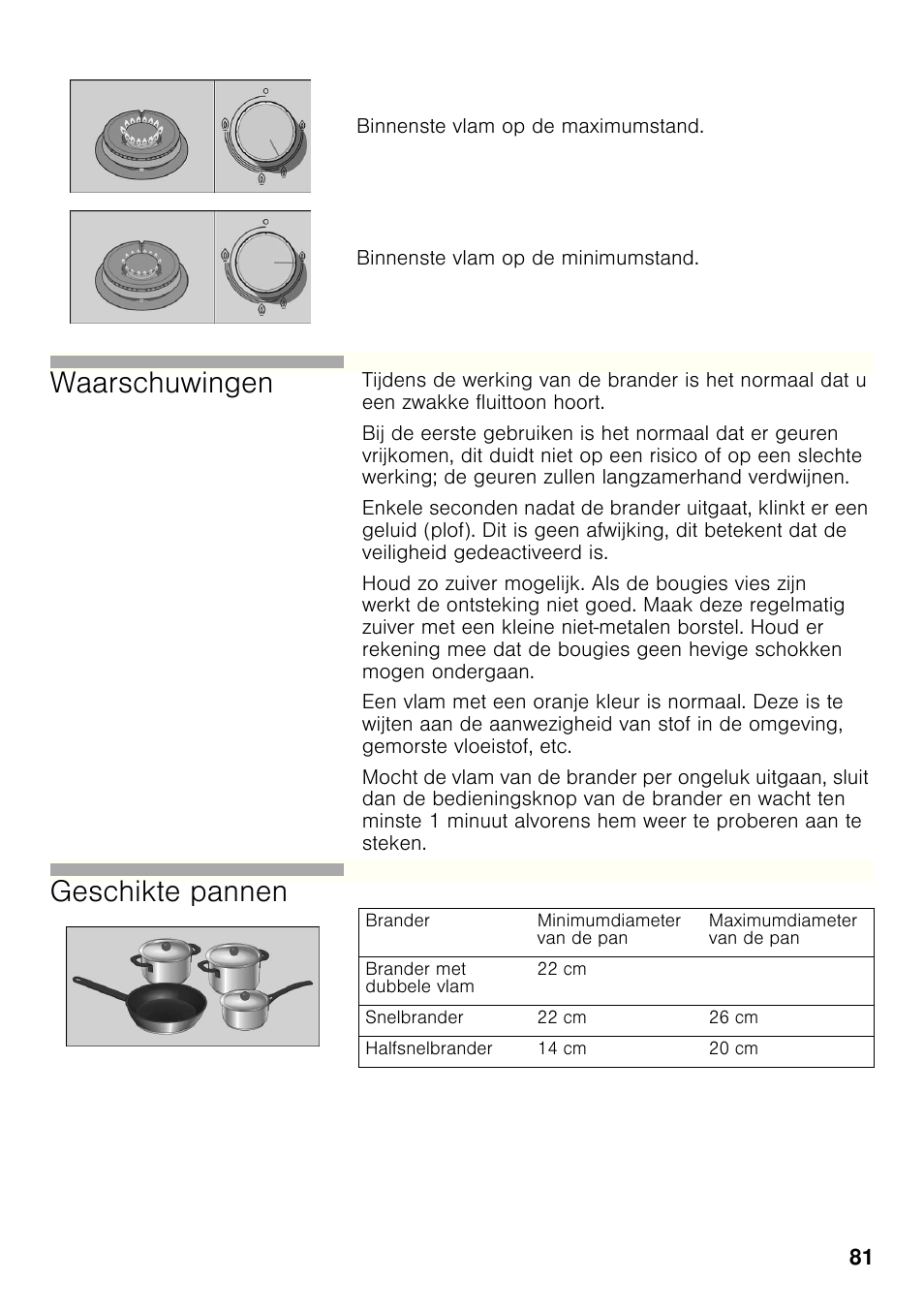 Waarschuwingen, Geschikte pannen | Bosch PRB326B70E Gas-Kochstelle Glaskeramik 30 cm User Manual | Page 80 / 98