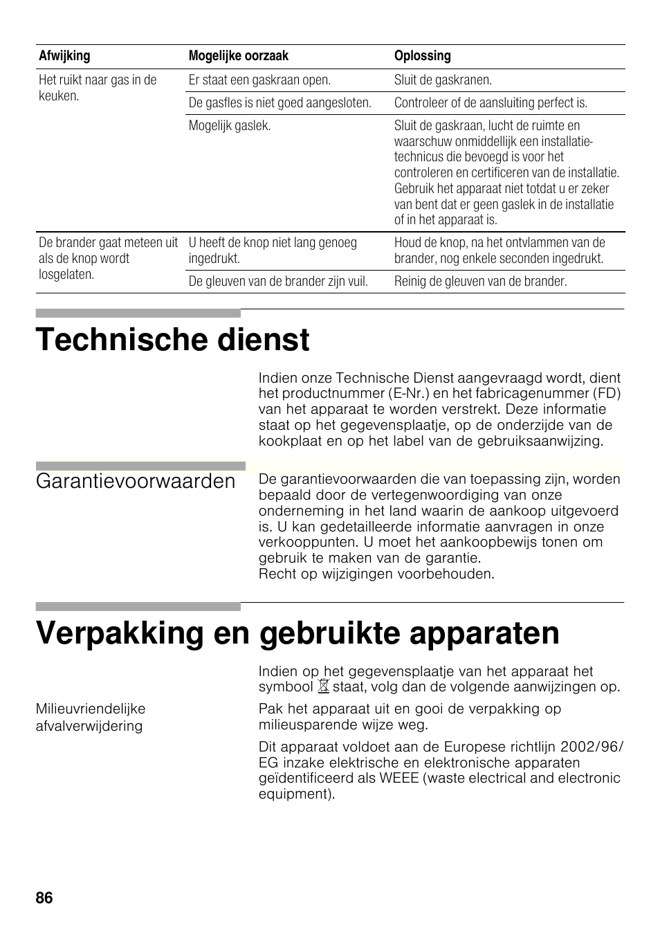 Milieuvriendelijke afvalverwijdering, Technische dienst, Verpakking en gebruikte apparaten | Garantievoorwaarden | Bosch PRB326B70E Gas-Kochstelle Glaskeramik 30 cm User Manual | Page 85 / 98