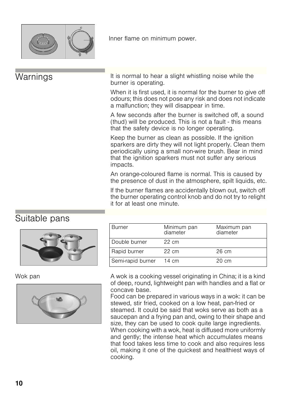Wok pan, Warnings, Suitable pans | Bosch PRB326B70E Gas-Kochstelle Glaskeramik 30 cm User Manual | Page 9 / 98