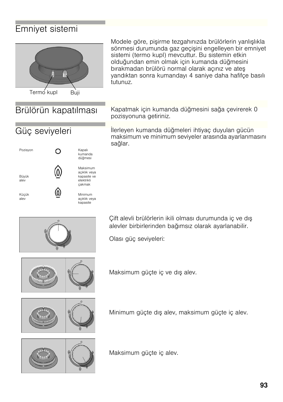 Emniyet sistemi, Brülörün kapatılması, Güç seviyeleri | Bosch PRB326B70E Gas-Kochstelle Glaskeramik 30 cm User Manual | Page 92 / 98