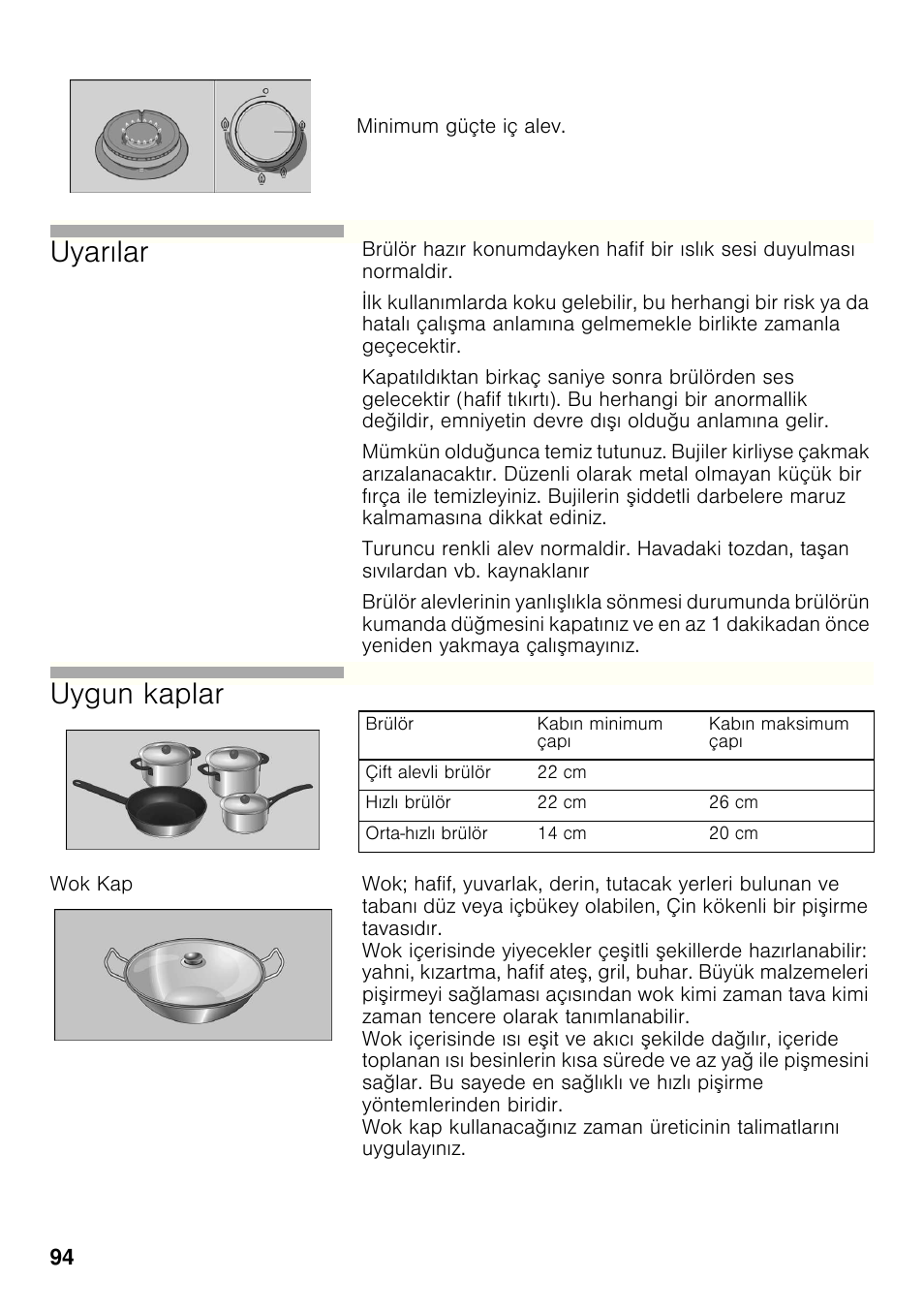 Wok kap, Uyarılar, Uygun kaplar | Bosch PRB326B70E Gas-Kochstelle Glaskeramik 30 cm User Manual | Page 93 / 98