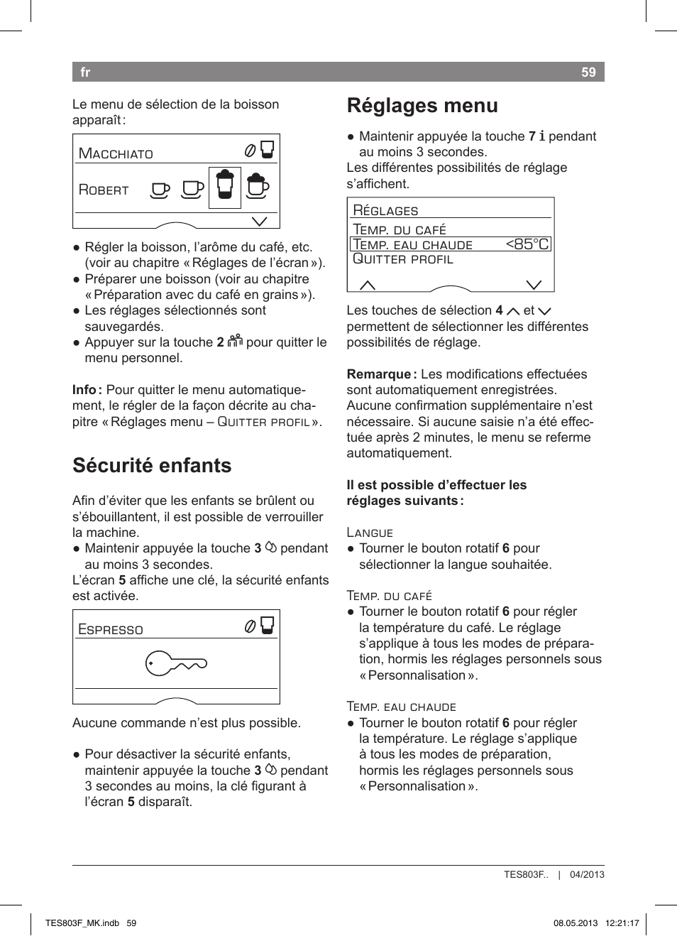 А б е ж, Sécurité enfants, Réglages menu | Bosch TES803F9DE VeroSelection exclusiv Kaffeevollautomat Front Edelstahl Gehäuse hochglanz anthrazit User Manual | Page 63 / 132