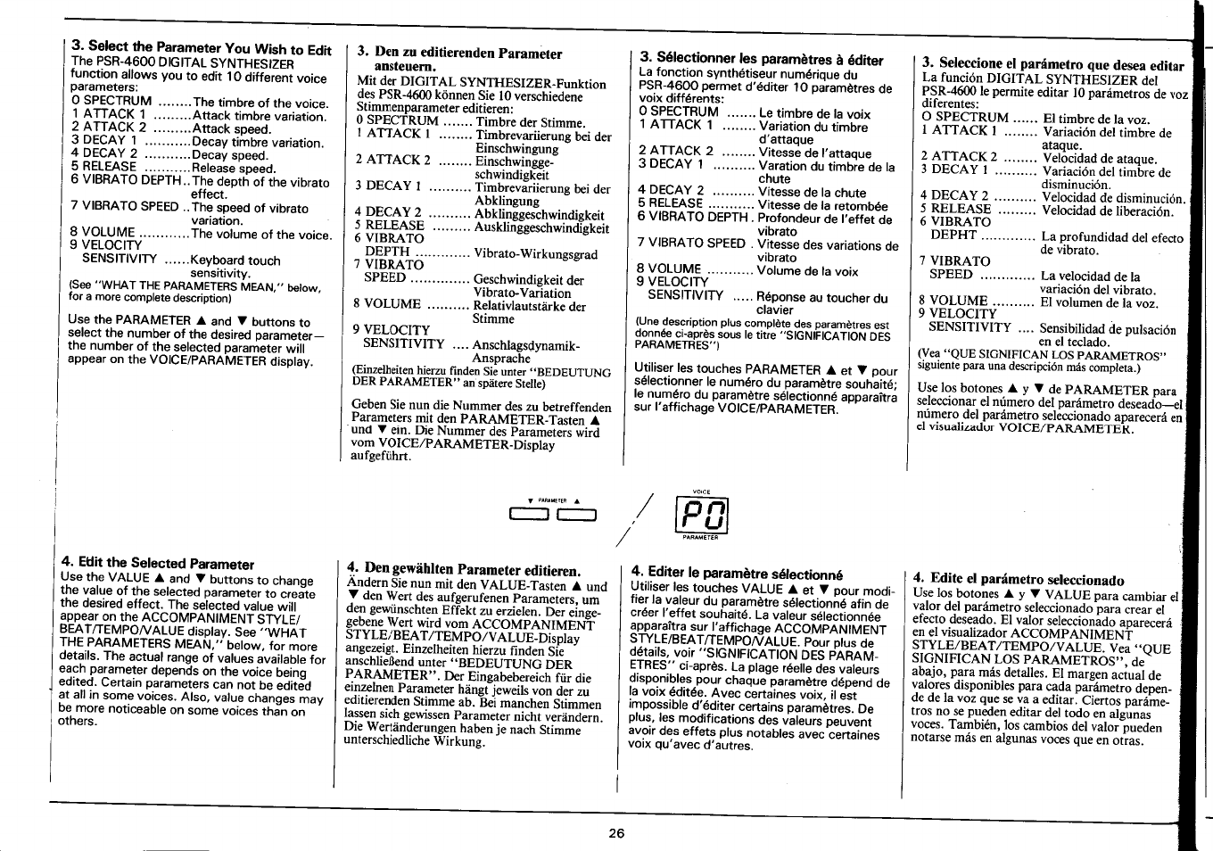 Select the parameter you wish to edit, Den zu editierenden parameter ansteuem, Sélectionner les paramètres à éditer | Seleccione el parámetro que desea editar, Edit the selected parameter, Den gewählten parameter editieren, Editer le paramètre sélectionné, Edite el parámetro seleccionado | Yamaha PSR-4600 User Manual | Page 28 / 30