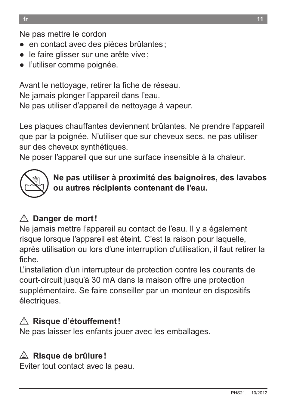 A dangerdemort, A risqued’étouffement, A risquedebrûlure | Bosch PHS2105 Haarglätter beautixx creative User Manual | Page 13 / 84
