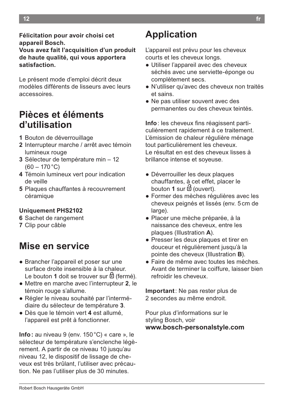 Pièces et éléments d’utilisation, Mise en service, Application | Bosch PHS2105 Haarglätter beautixx creative User Manual | Page 14 / 84