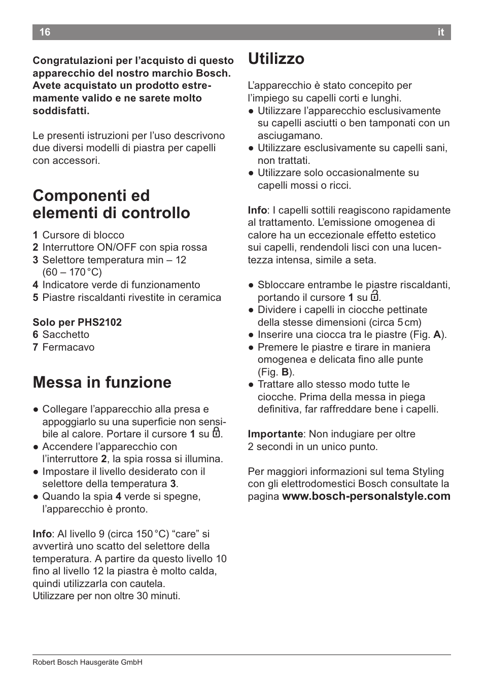 Componenti ed elementi di controllo, Messa in funzione, Utiiizzo | Bosch PHS2105 Haarglätter beautixx creative User Manual | Page 18 / 84